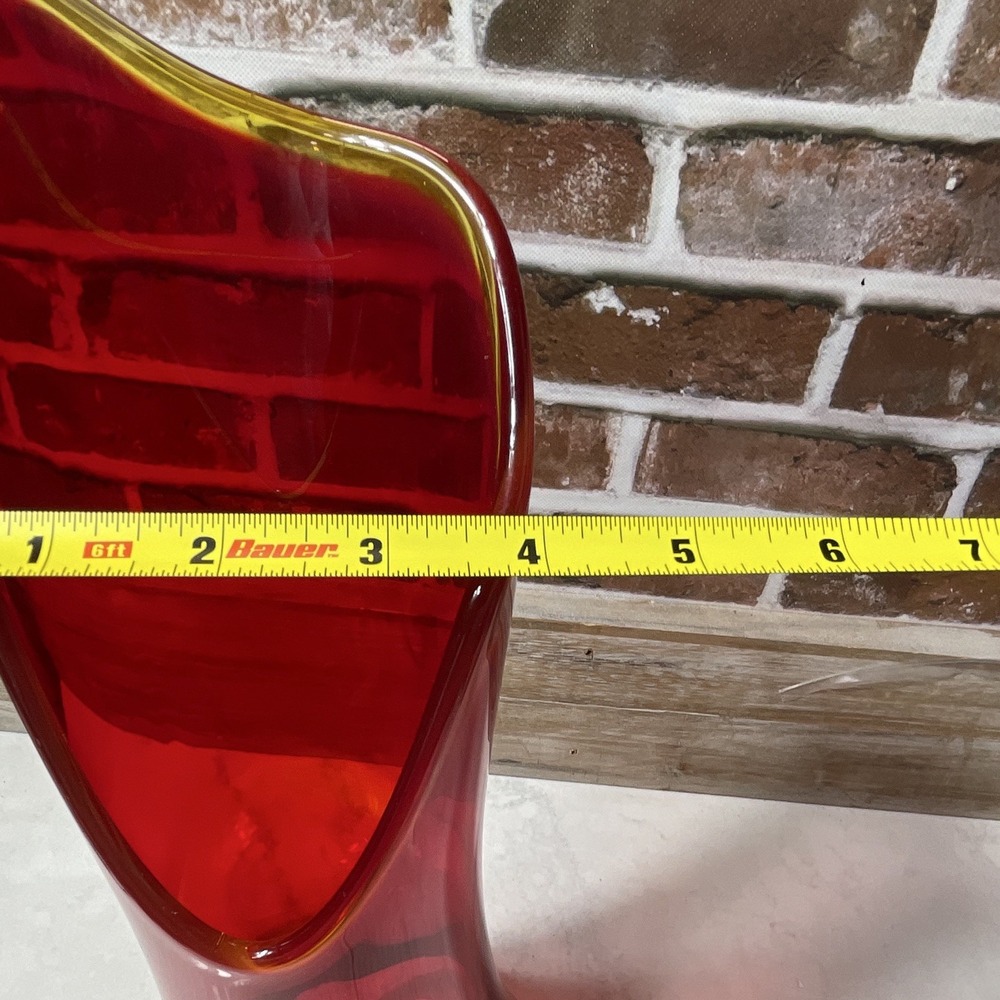 Red Art Glass Vase Amber Ruffled Rim 17" Tall 4" Wide Decorative Centerpiece - Picture 11 of 11